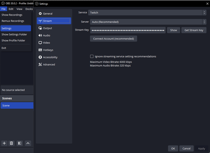 OBS Stream Key panel